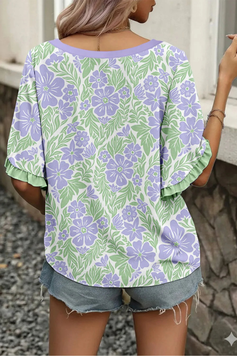 Purple Floral Ruffled Trim Half Sleeve Blouse