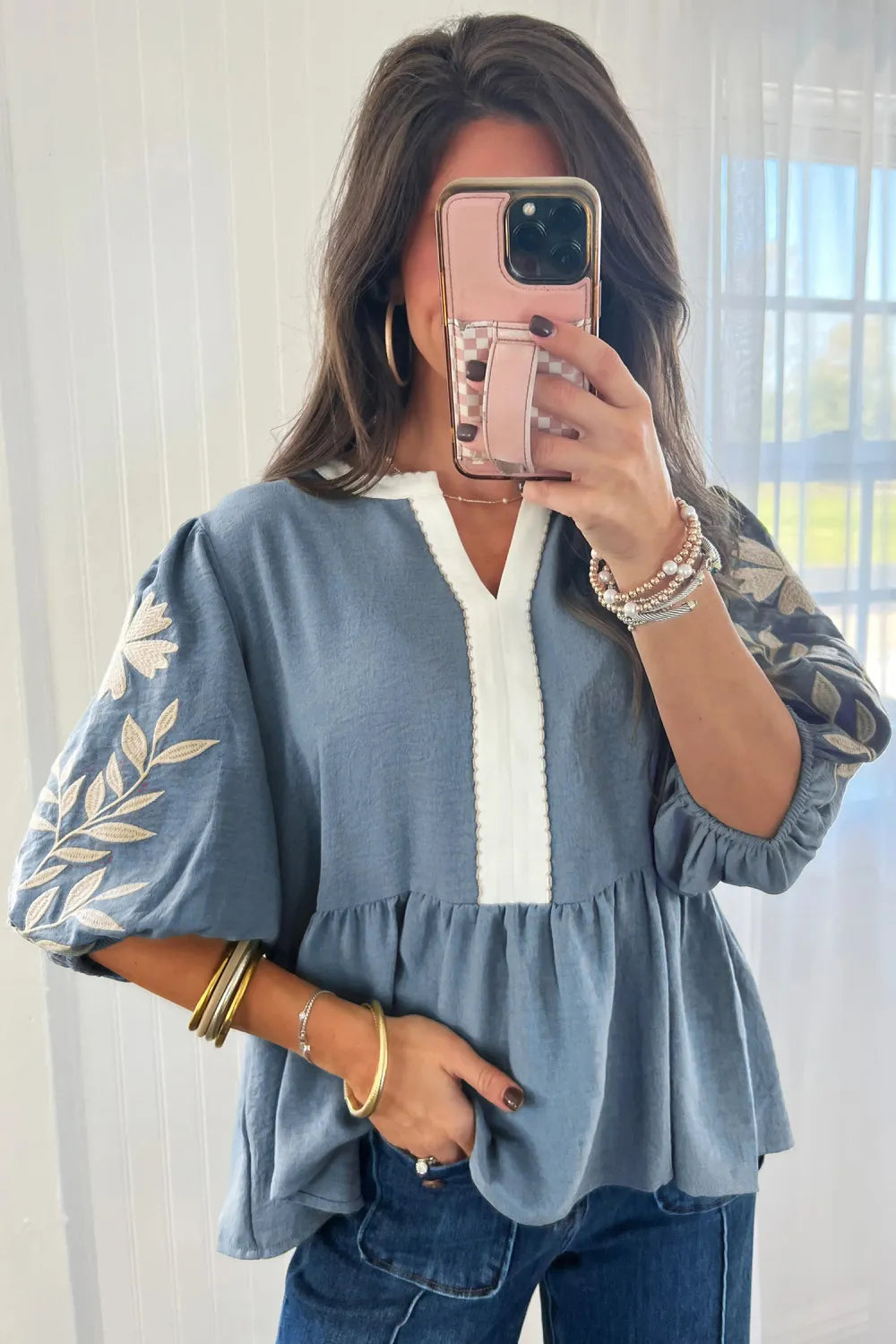 Myosotis Color Block Patchwork V Neck Embroidered Puff Sleeve Babydoll Blouse