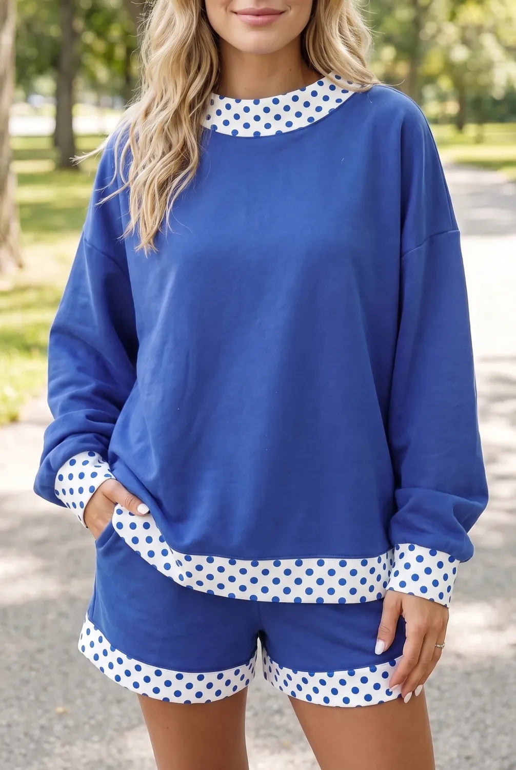 Blue Polka Dot Trim Short Set PREORDER