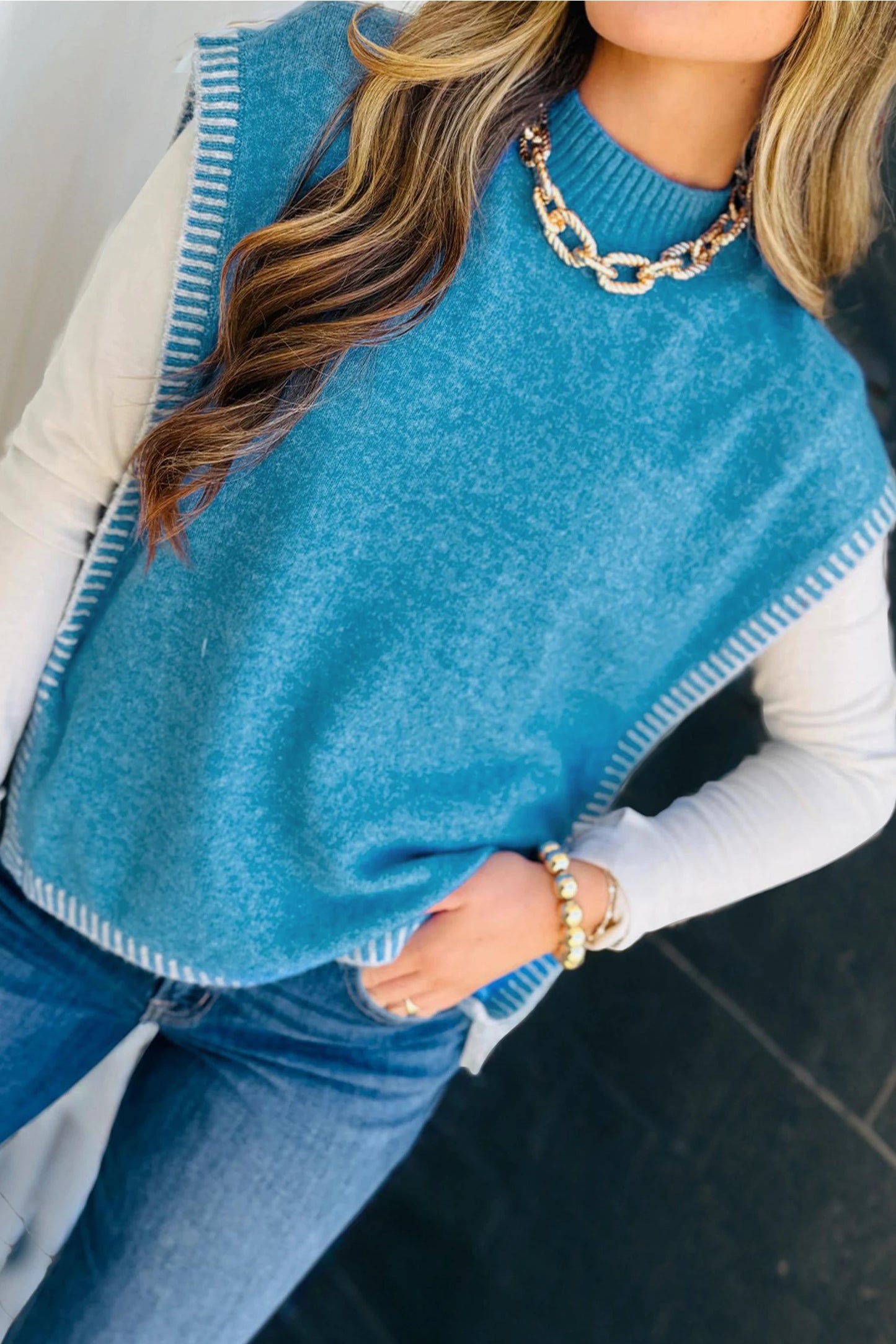 Blue Stitch Trim Mock Neck Sweater Vest