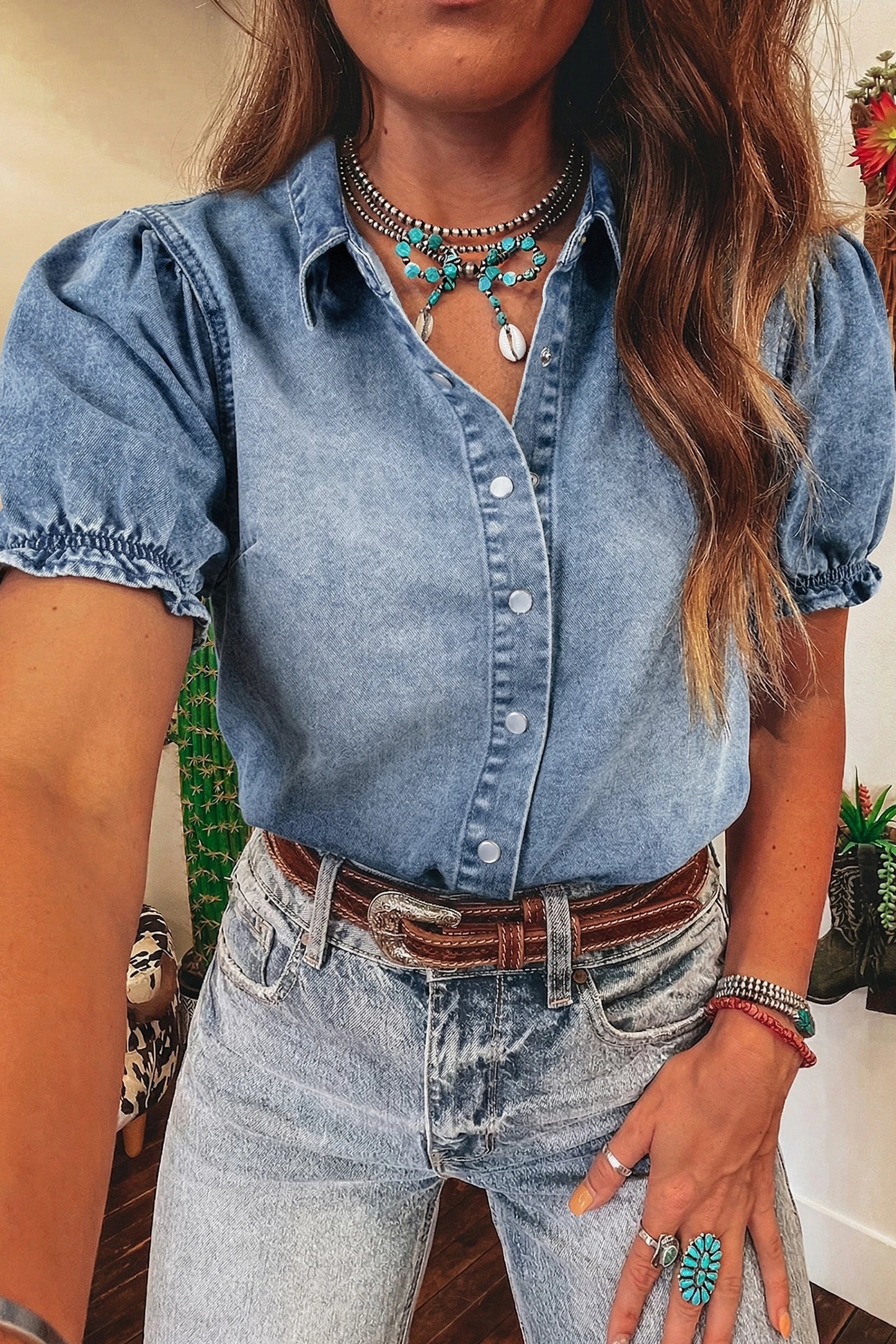 Blue Frilled Short Sleeve Button Denim Shirt