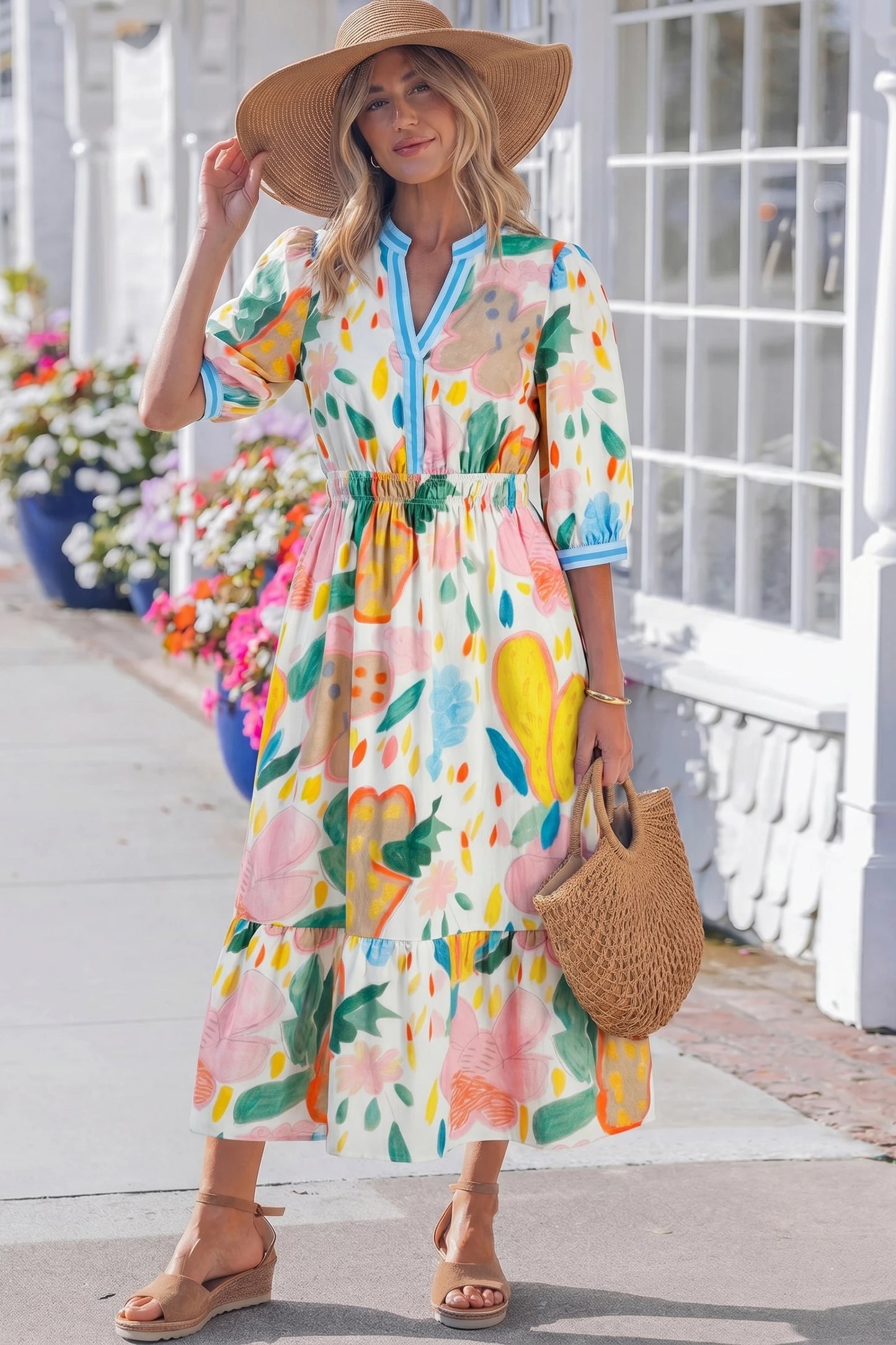 Floral Doodle Print Striped Trim V Neck Midi Dress