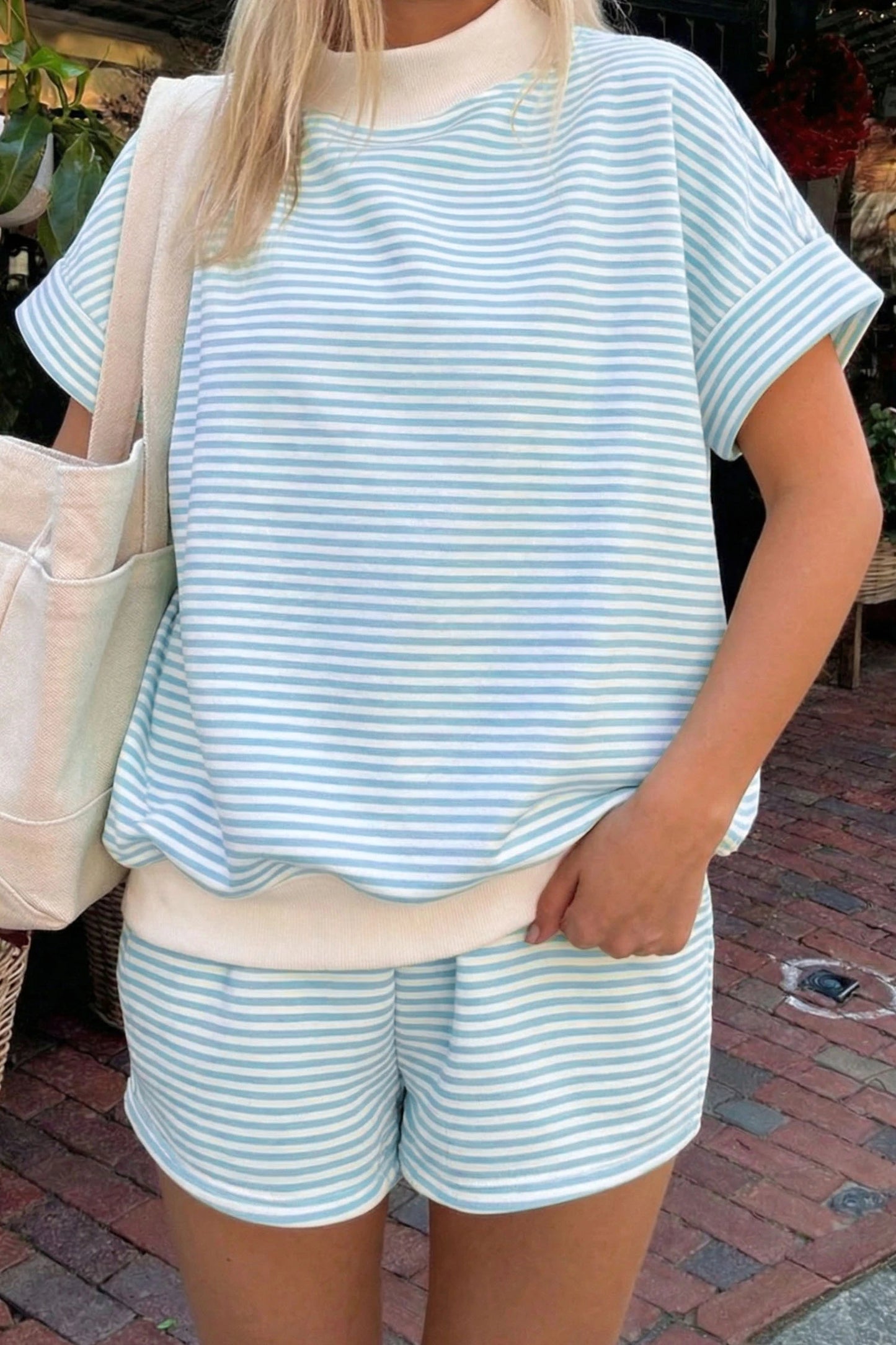 Sky Blue Stripe Mock Neck Tee 2pcs Short Set