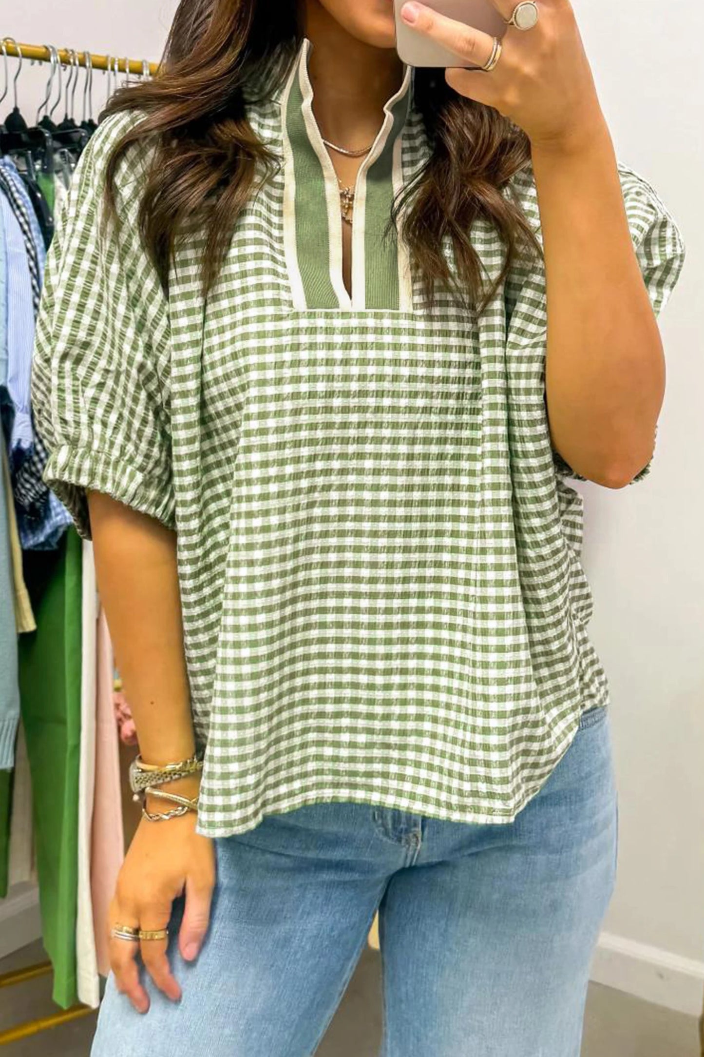Green Plaid Short Sleeve Colorblock Blouse