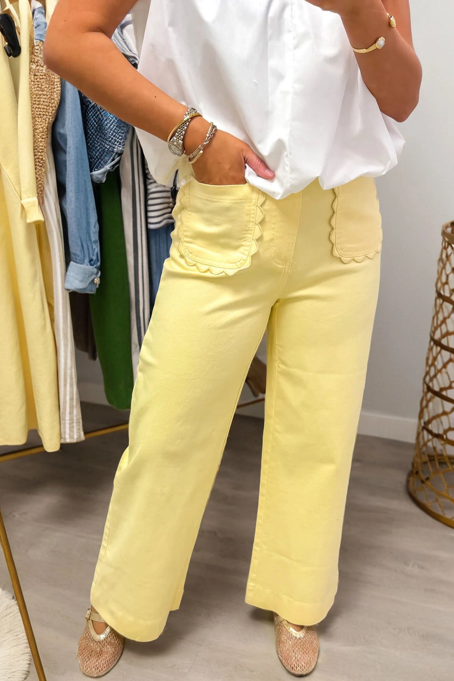 Yellow Scalloped Patch Pocket Jeans