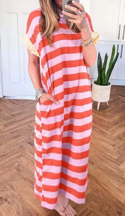 Orange stripe cuff sleeve long tshirt dress