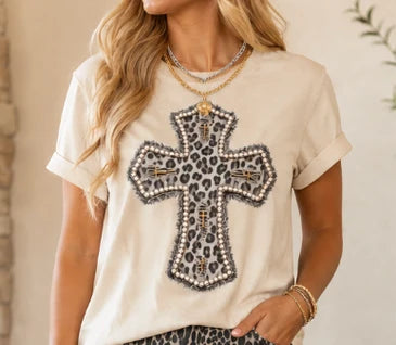 Leopard Cross Faux Embroidery Tee