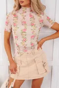 Beige Floral Mesh Top