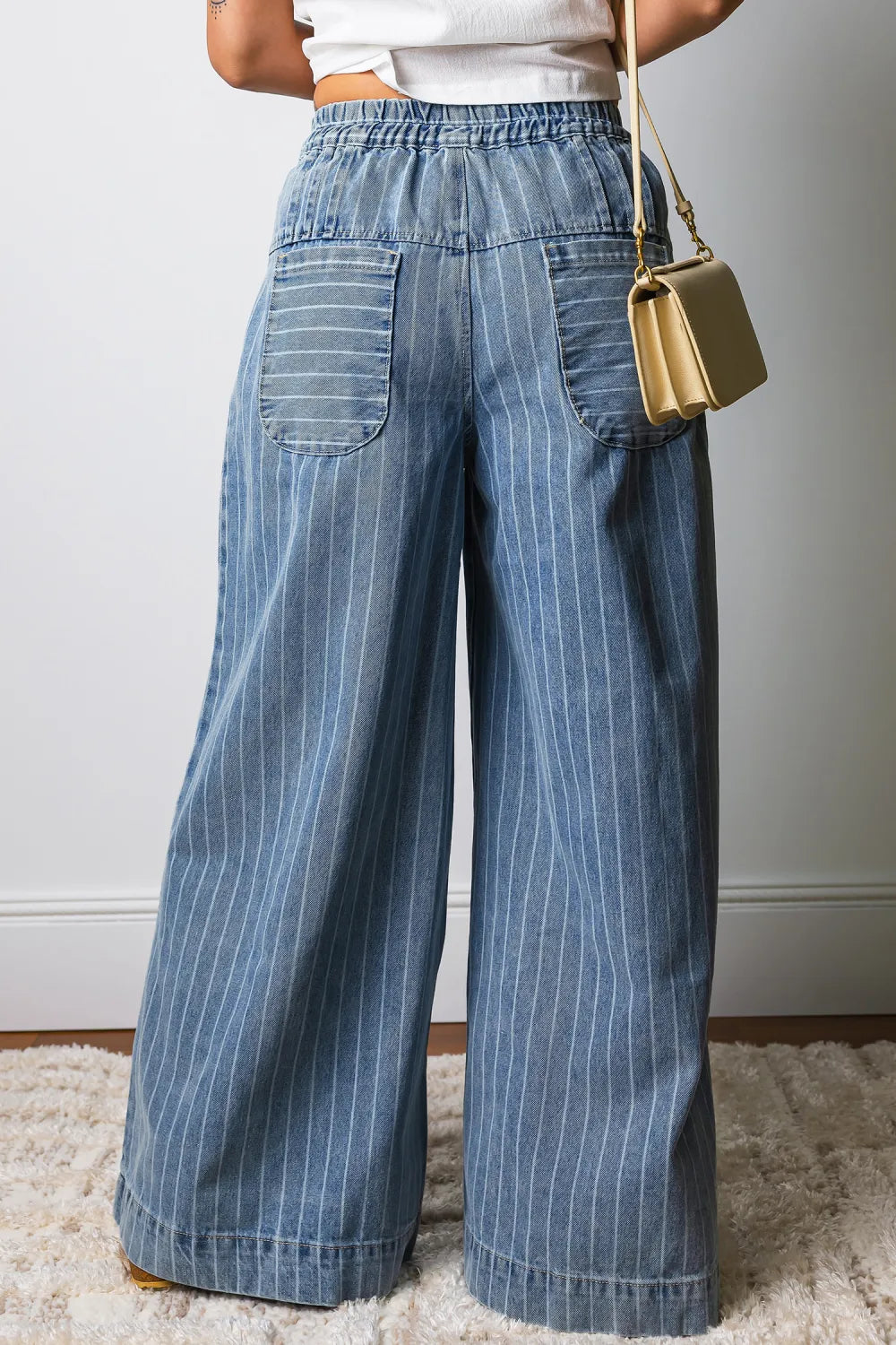 Sky Blue Stripe Button Pleated Wide Leg Jeans