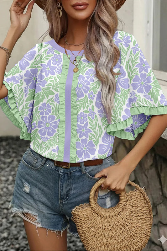 Purple Floral Ruffled Trim Half Sleeve Blouse