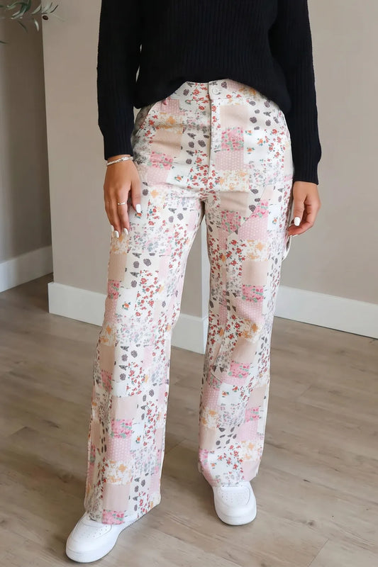 Pink Floral Patchwork Wide Leg Jeans PREORDER