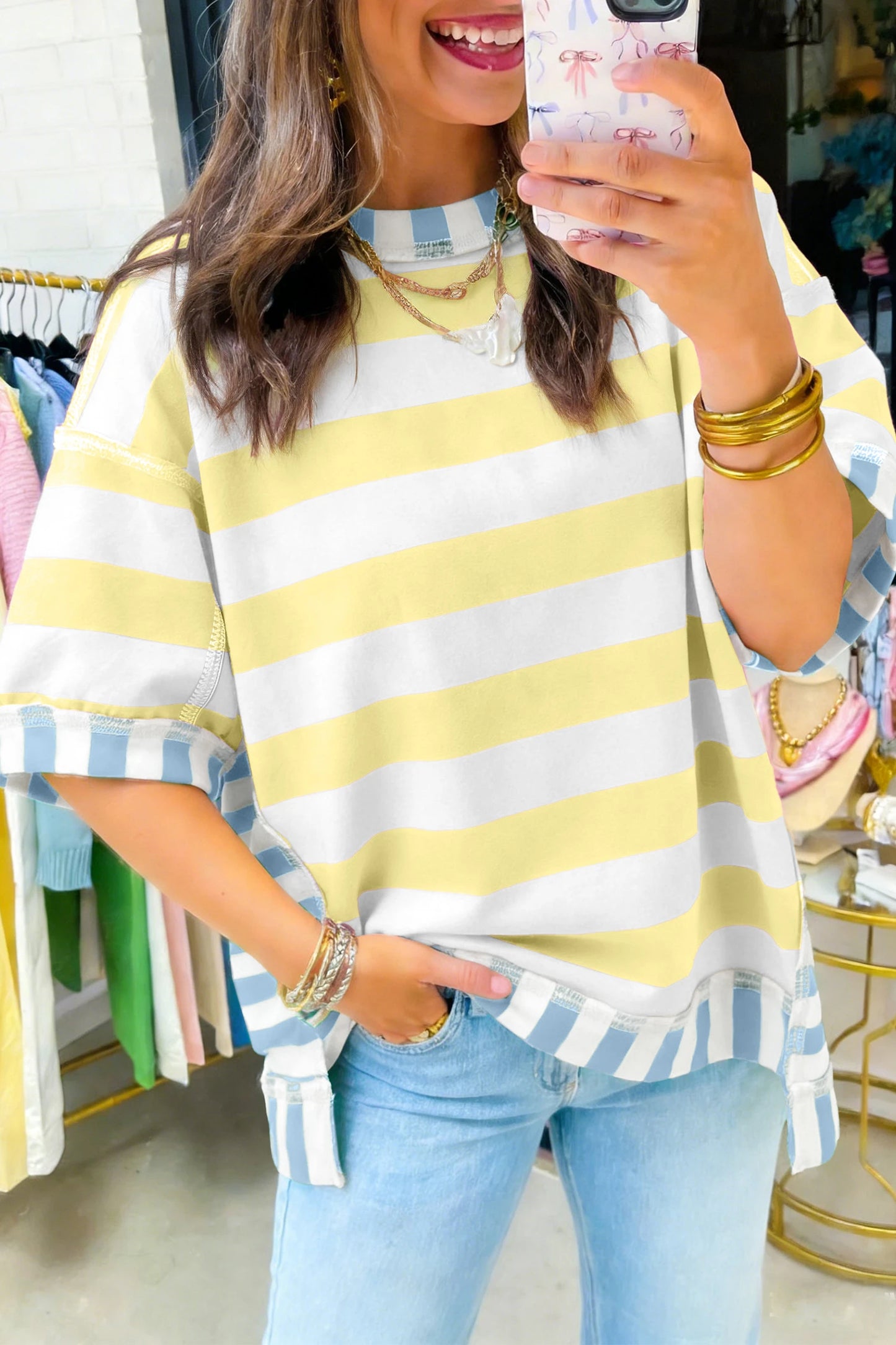 Yellow Stripe Exposed Seam Oversized Top