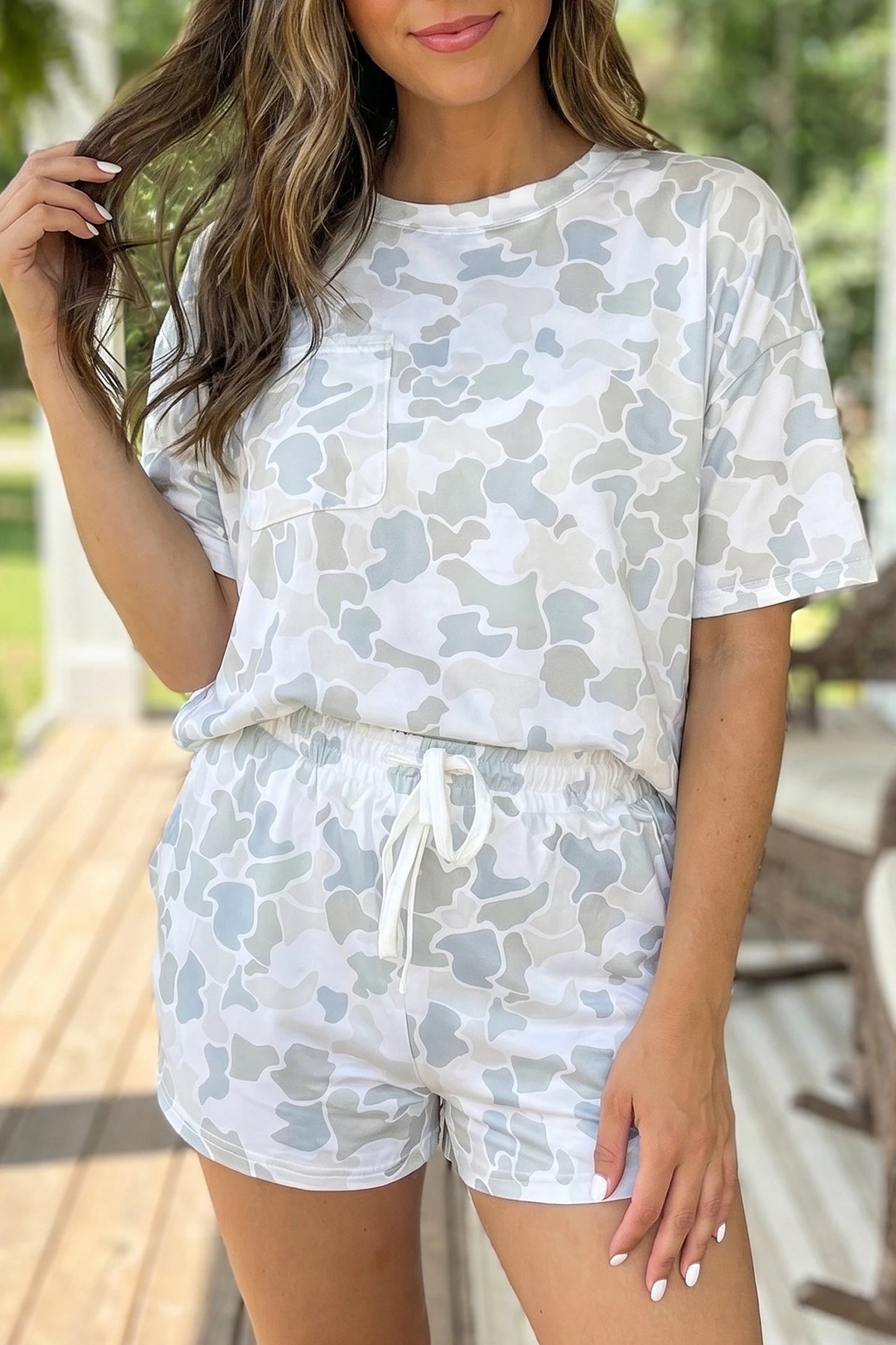 Multicolour Camouflage Print Casual Tee Short Set