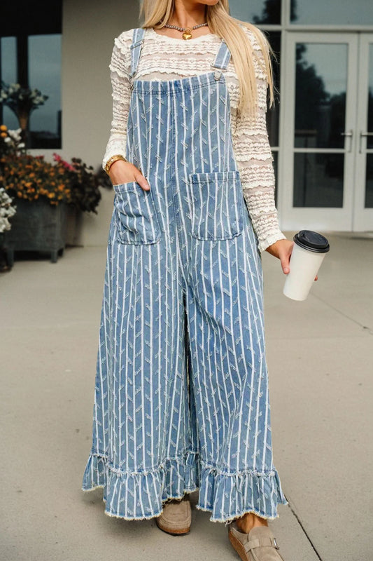 Striped Distressed Ruffled Wide Leg Denim Overalls