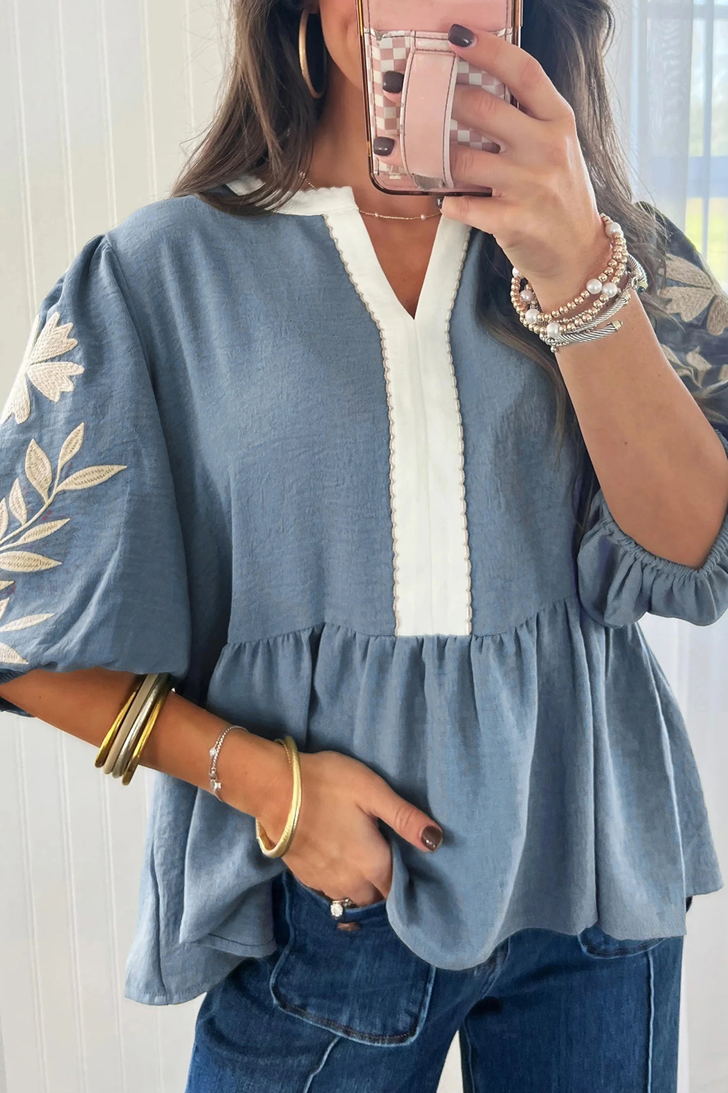 Blue Patchwork V Neck Embroidered Puff Sleeve Babydoll Blouse