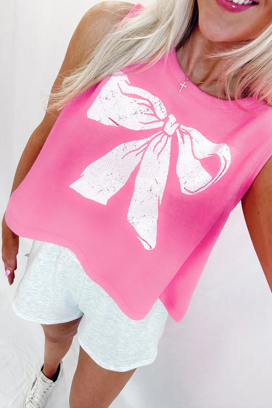 Pink Bow Print Boxy Fit Tank Top