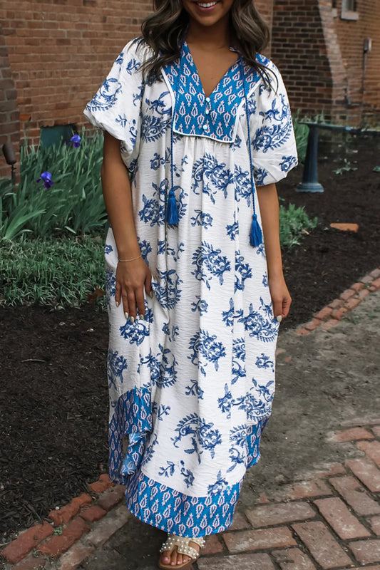 Sky Blue Boho Abstract Print  V Neck Tassel Tie Dress