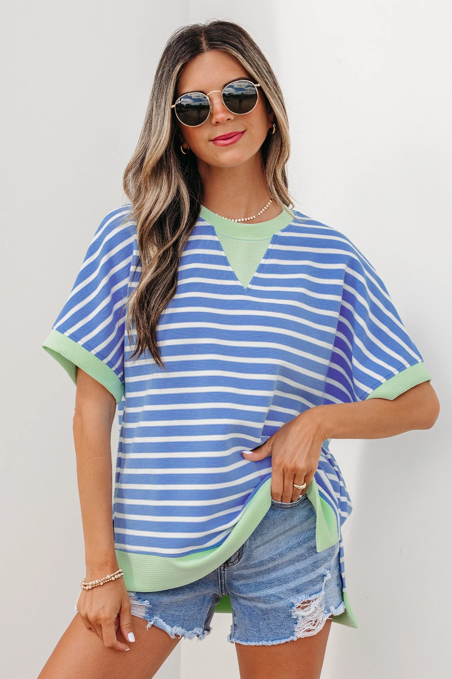 Sky Blue Stripe Short Sleeve Top