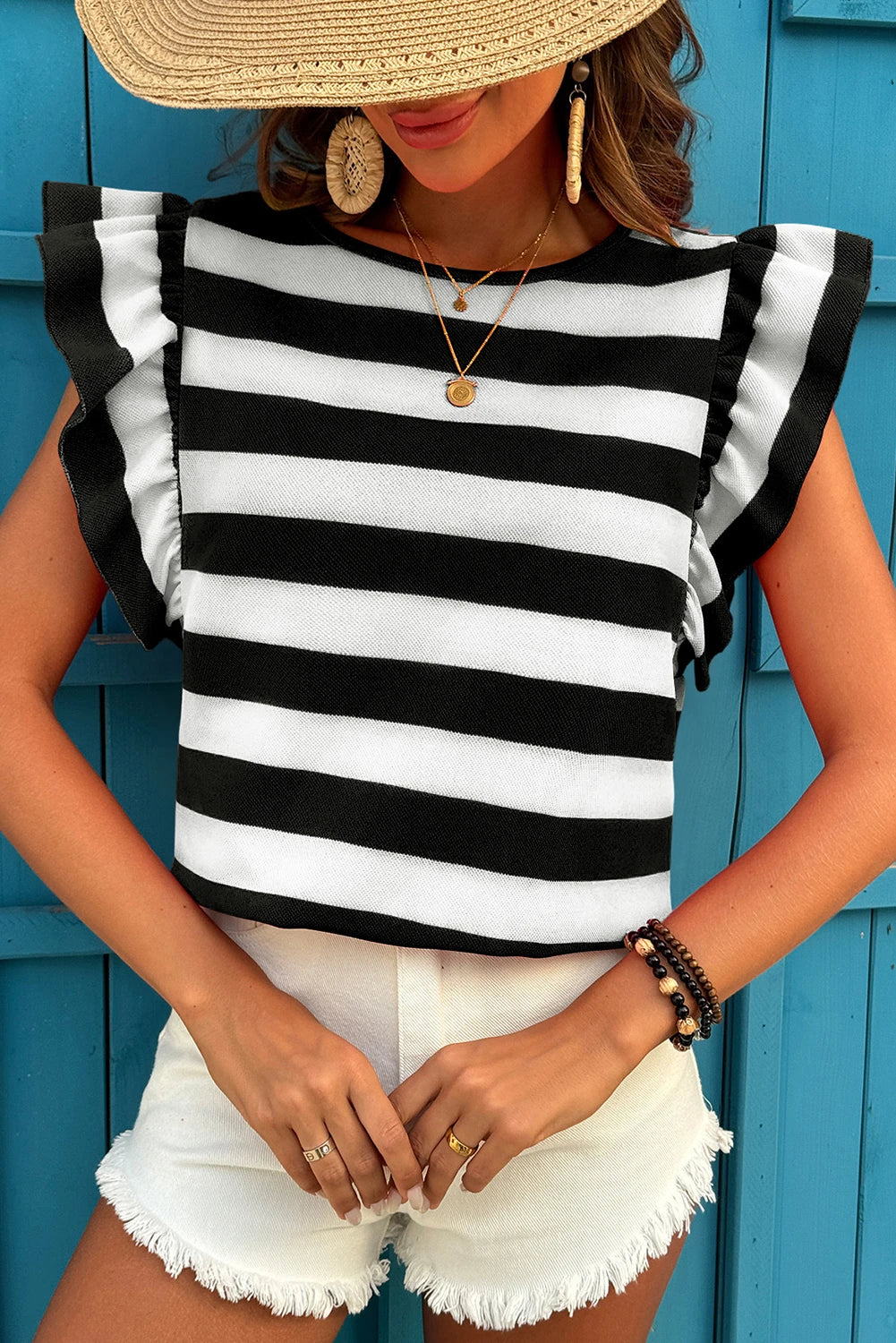 Black Stripe Flutter Sleeve T Shirt