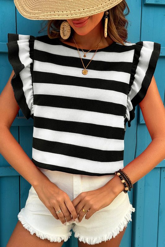 Black Stripe Flutter Sleeve T Shirt