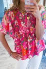 Pink Floral Short Sleeve Smocked Blouse