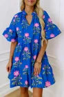 Blue V Neck Flower Dress